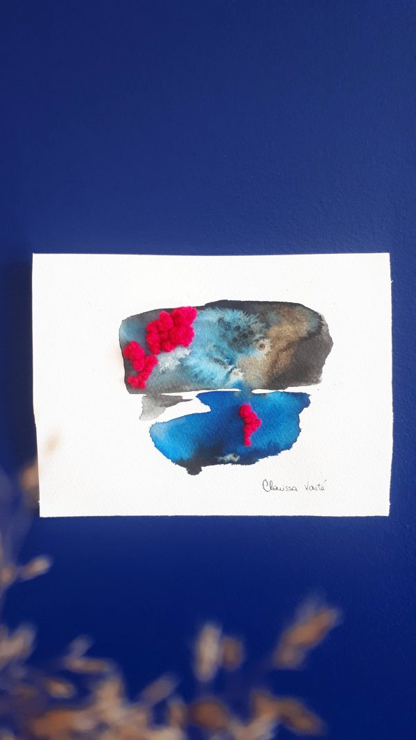 aquarelle abstraite brodée tons bleu et laine fushia fluo