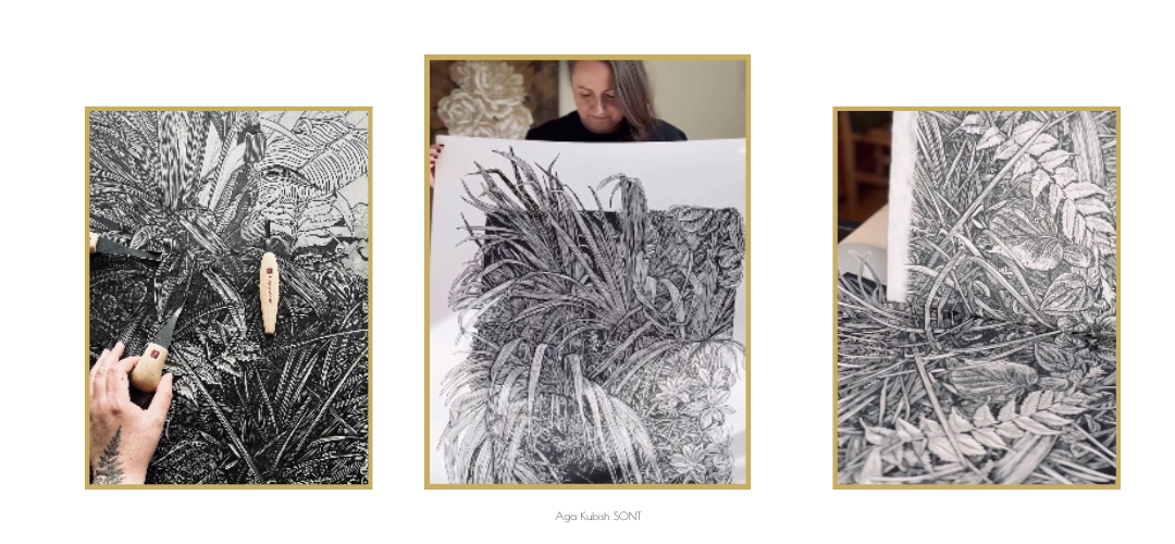 aga Kubish travail de gravure, linogravure motifs végétaux, materiel linogravue, artiste